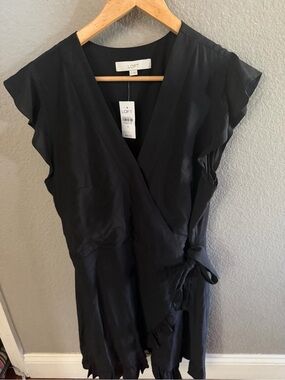 LOFT NWT Black Faux Wrap Romper Dress Size 12 Ruffle Hem Flutter Sleeve